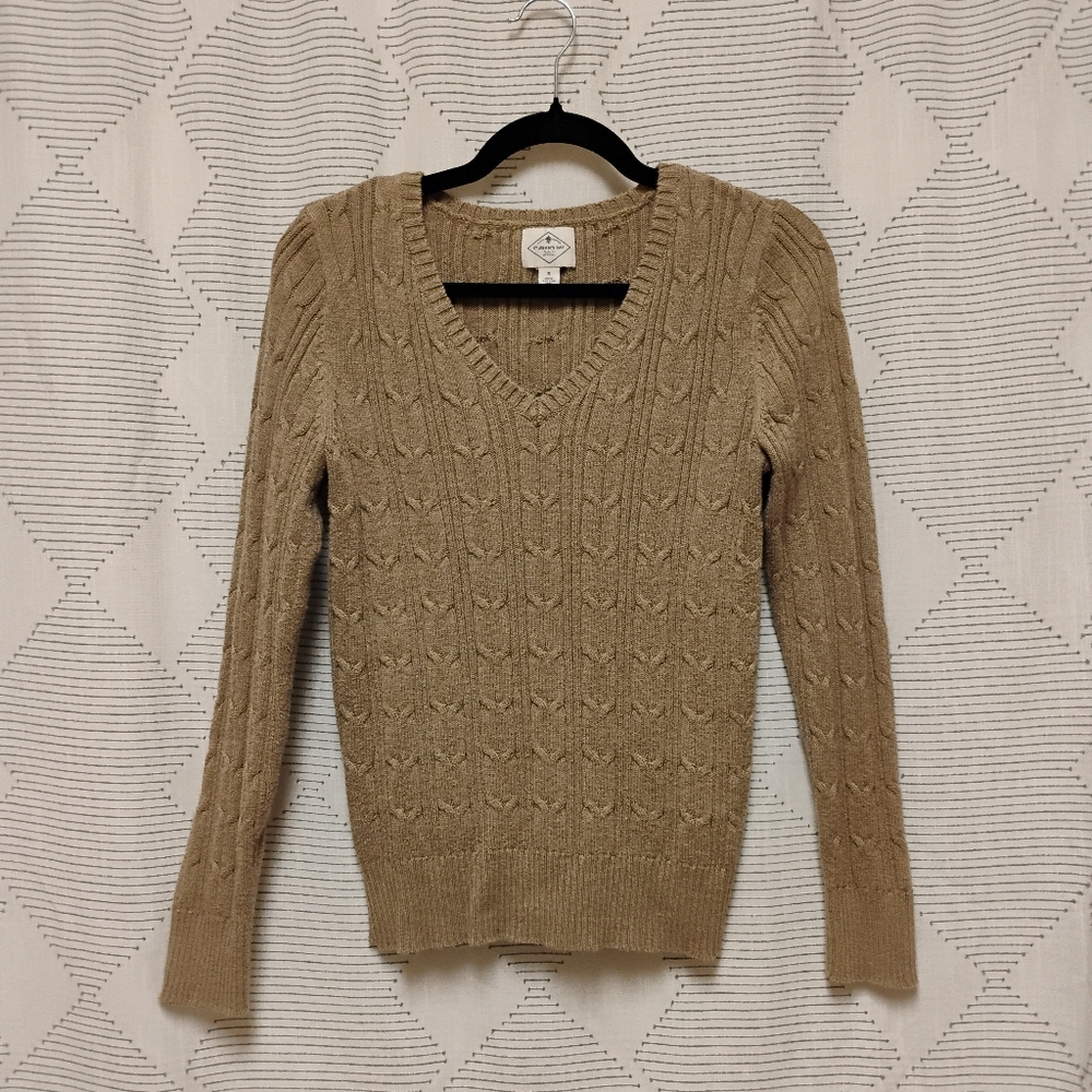 St Johns Bay V-Neck Cable Knit Sweater - Tan Women's Size Small Scholar Cozy